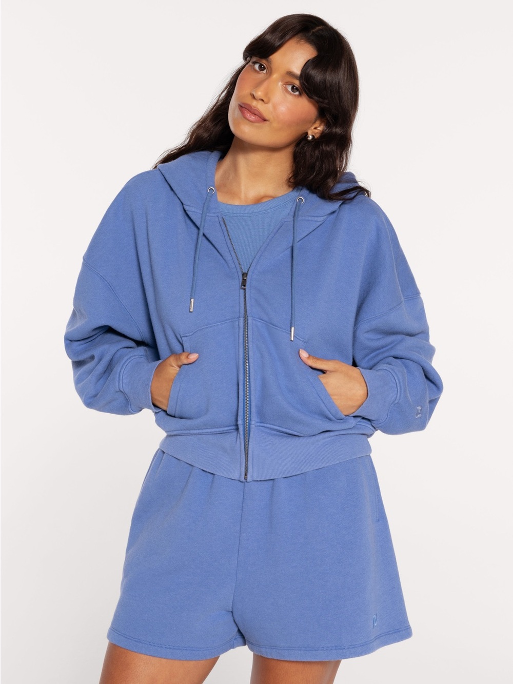 Blue Women's 3 pc set, Jacket, Shorts, and pants. All Dutch blue color.